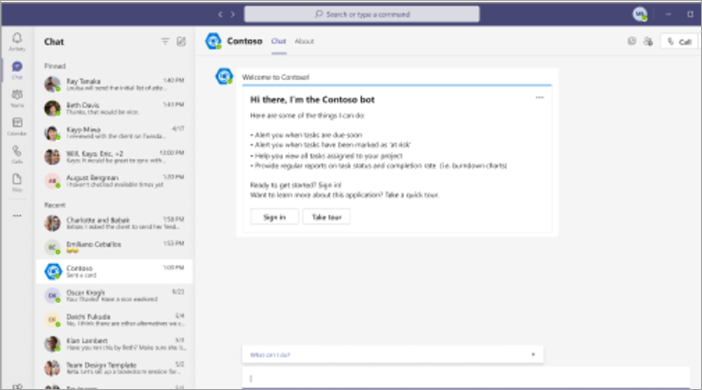 Screenshot che mostra una chat 1-1 aperta con un bot