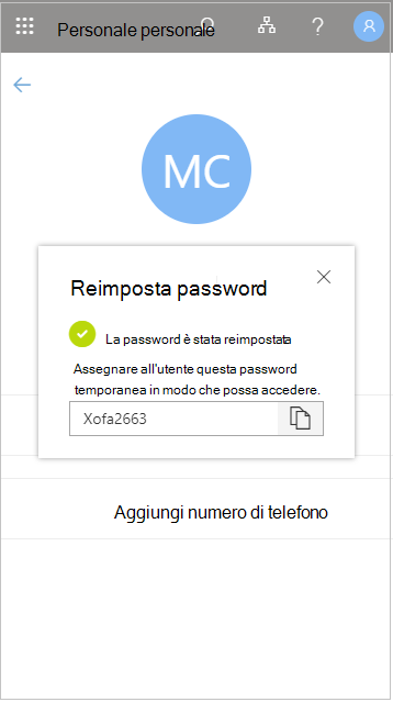 Copiare la password utente temporanea dopo la reimpostazione in Personale