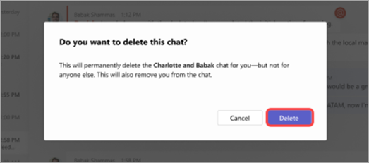 Screenshot che mostra un messaggio popup che conferma l'eliminazione di una chat