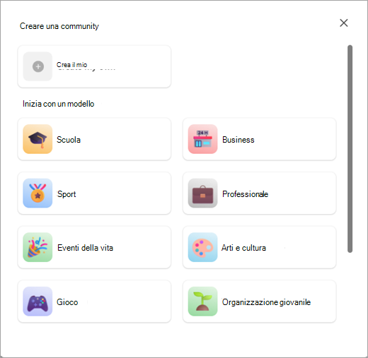 Screenshot dei pulsanti per creare una community con o senza un modello in Community in Microsoft Teams (versione gratuita).