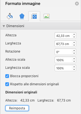 Schermata che mostra il riquadro Formato immagine di Excel con il pulsante Ripristina evidenziato.