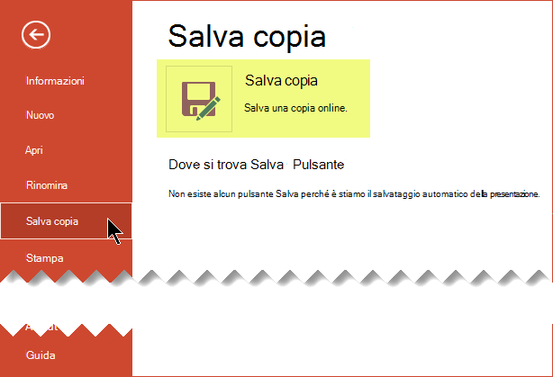 Il comando Salva copia Salva il file online in OneDrive for business o SharePoint