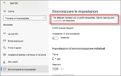 schermata Impostazioni account in Windows 10 con un messaggio di avviso evidenziato.