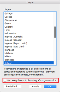Impostazione Rileva lingua automaticamente di Outlook 2016 per Mac