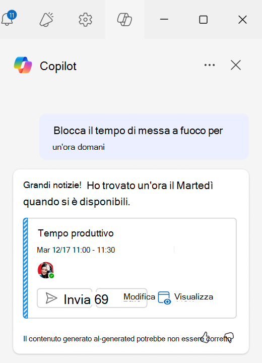 Screenshot che illustra come usare i blocchi focus con la pianificazione assistita della chat in Outlook.