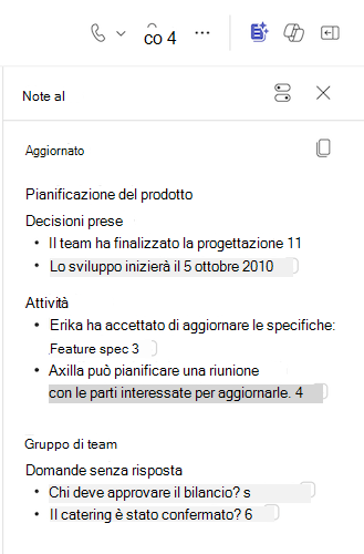 Le note AI vengono popolate in una chat di Teams