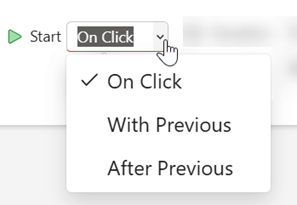 L'opzione Start include tre opzioni: Al clic del mouse, Con precedente o Dopo precedente.