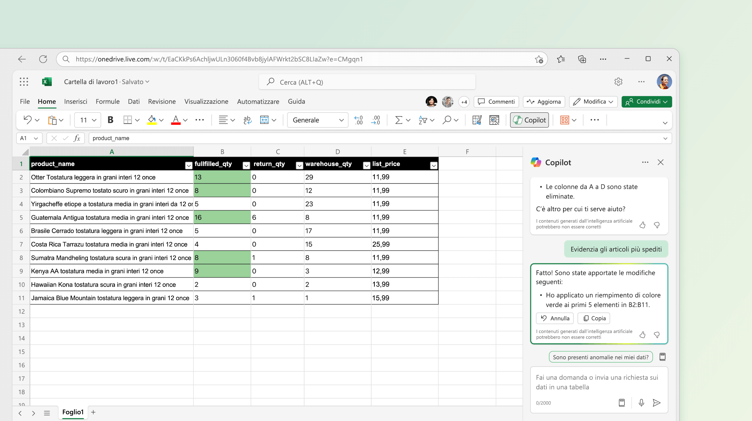 Screenshot che mostra Copilot in Excel che apporta modifiche ai dati esistenti.