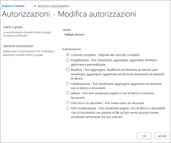 Modificare i livelli di autorizzazione nella finestra di dialogo Autorizzazioni