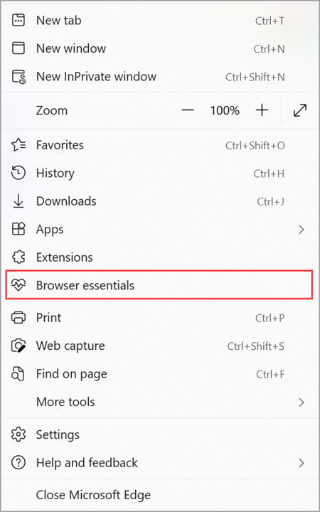 Apri Browser Essentials nelle impostazioni di Microsoft Edge.
