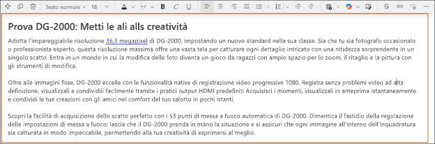 Esempio dell'utilizzo della regolazione del tono con Copilot nell'editor di testo RTF di SharePoint - Dopo