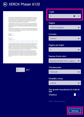 Opzioni della stampante dell'app di lettura di Windows 8