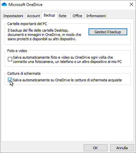 Riquadro delle impostazioni di OneDrive, con il pannello di backup, con la casella di controllo Salva automaticamente Screenshots cattura in OneDrive.