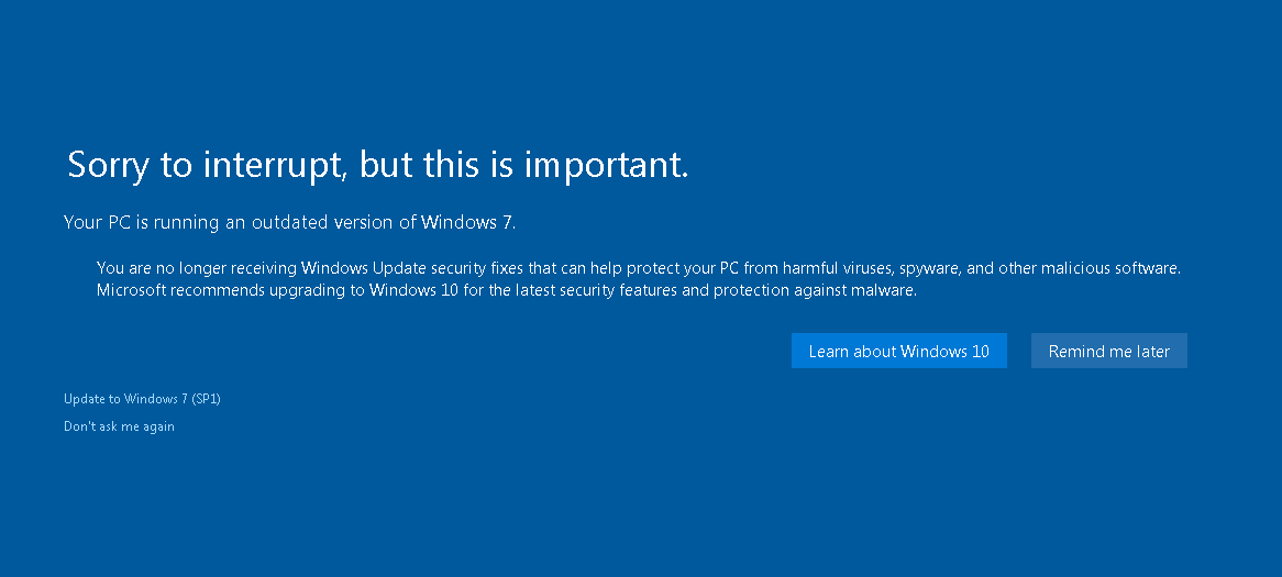 Il PC esegue una versione non aggiornata di Windows 7.