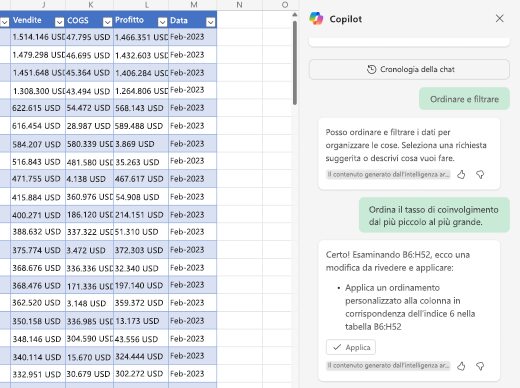 Screenshot che illustra come ordinare i dati usando Copilot in Excel.