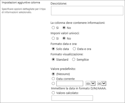 Scelte per la colonna Data e ora