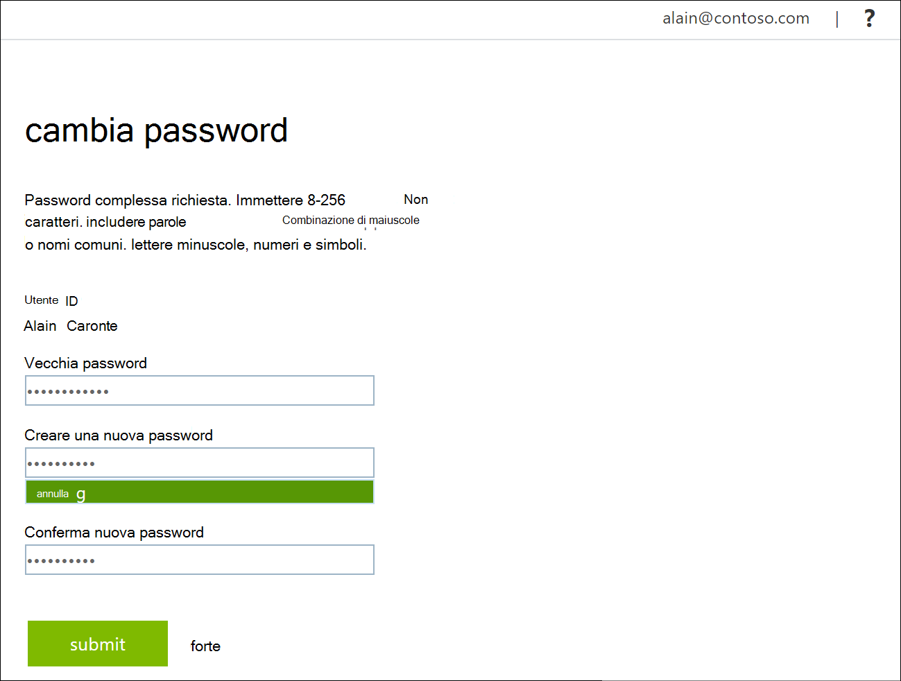 Pagina Cambia password con i campi della password