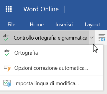 Elenco delle opzioni di Controllo ortografia e grammatica, espanso, in Word Online