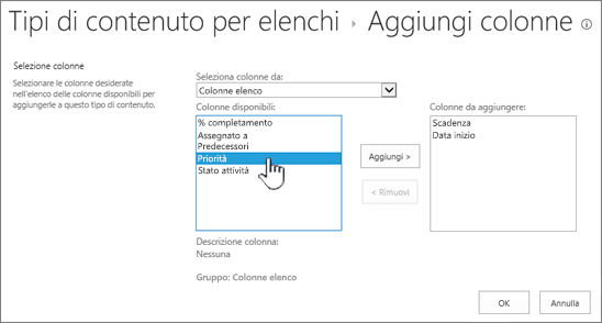 Pagina Aggiungi colonne con una colonna disponibile evidenziata