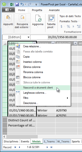 Fare clic con il pulsante destro del mouse per nascondere campi di tabelle dagli strumenti client di Excel