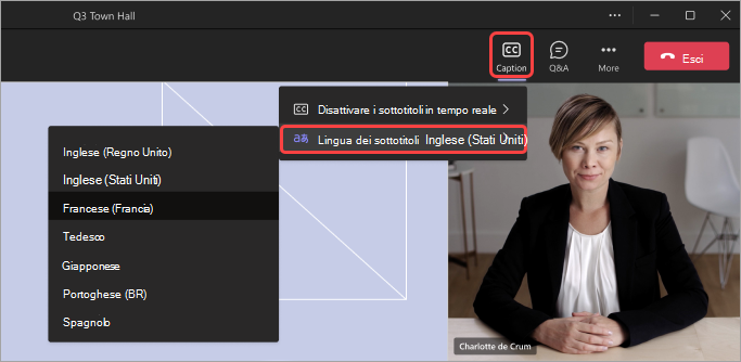 Screenshot che evidenzia l'interfaccia utente che consente ai partecipanti di cambiare la lingua dei sottotitoli tradotti in un’assemblea generale