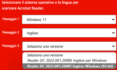 Finestra che mostra l'elenco a discesa delle versioni di installazione di Adobe.