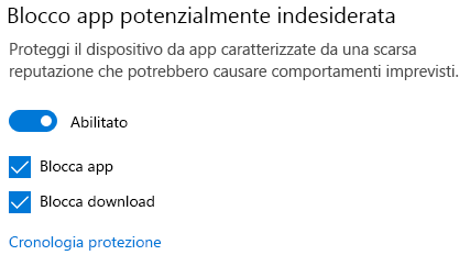 Il controllo per il blocco delle app potenzialmente indesiderate in Windows 10.