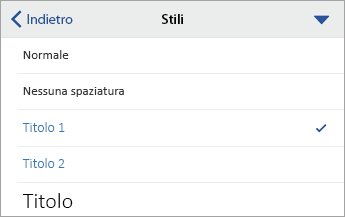 Finestra di dialogo Stili con l'opzione Titolo 1 selezionata.