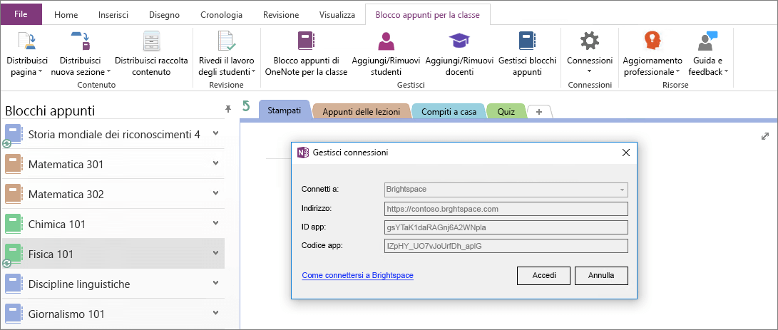 Screenshot della finestra di dialogo Connessioni del componente aggiuntivo Blocco appunti di OneNote per la classe con Criteri di gruppo abilitati.