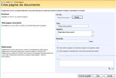 Pagina Crea pagina da documento in Office SharePoint Server 2007