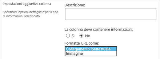 Scelte per la colonna Collegamento ipertestuale o immagine