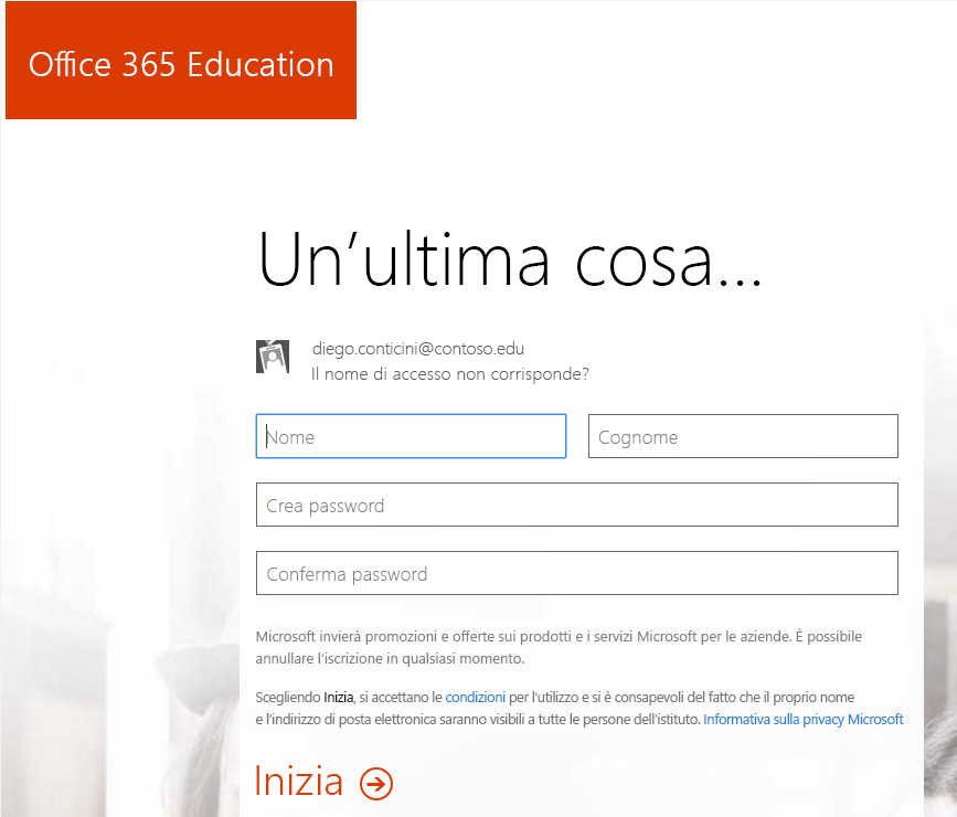 Screenshot della pagina di creazione della password per il processo di iscrizione a Office 365.