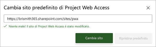 Screenshot della finestra di dialogo Modifica sito PWA predefinito con un messaggio di successo verde sotto la casella di testo