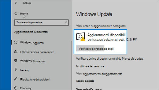 Verificare la disponibilità di aggiornamenti in Windows 10
