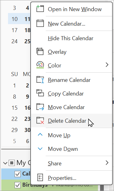 Fare clic con il pulsante destro del mouse sul calendario dei compleanni per eliminarlo.