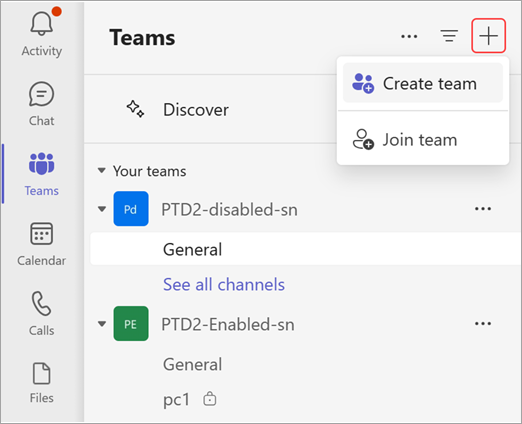 Screenshot che mostra le opzioni per creare o partecipare al team