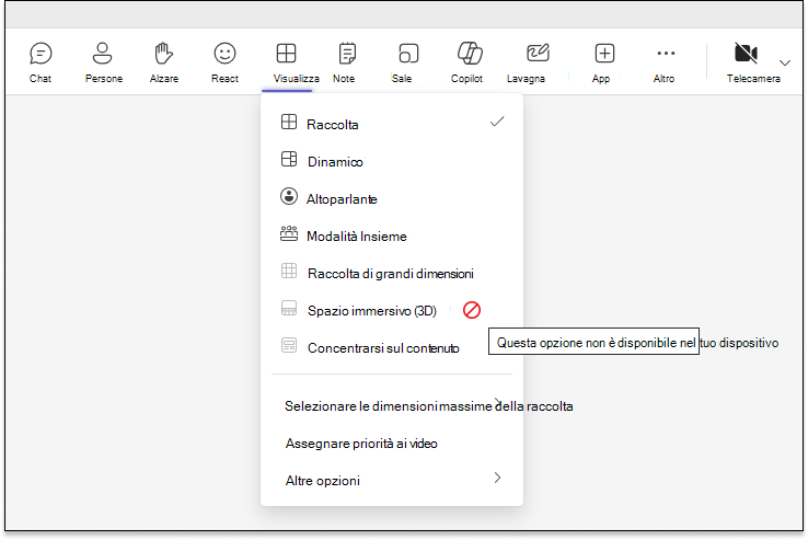 Screenshot che mostra il blocco dell'elenco a discesa dello spazio immersivo (3D) perché il computer non è in grado di eseguirlo.