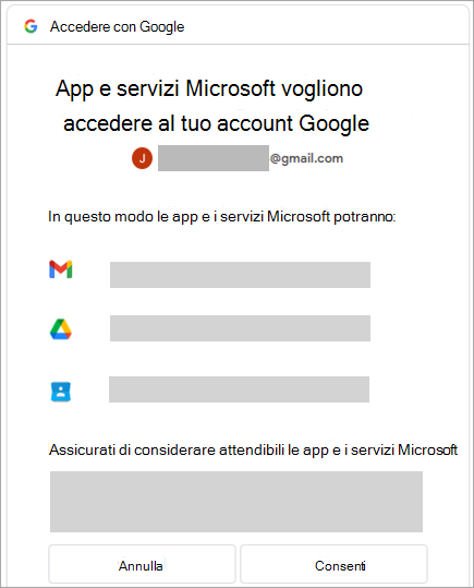 Screenshot che mostra la finestra delle autorizzazioni per l'account Google