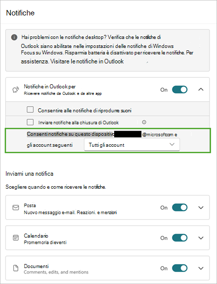 Selezionare Espandi per visualizzare altre opzioni di notifica