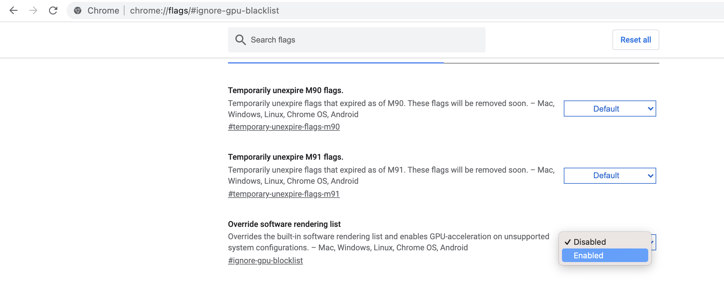 Immagine dell'elenco di rendering software di override in Google Chrome