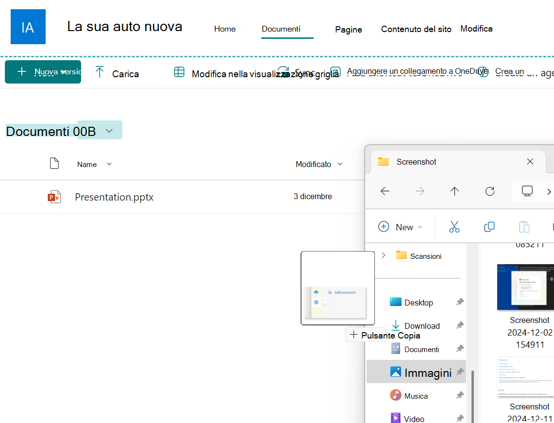 File di immagine trascinato da una finestra di Esplora risorse a una raccolta documenti di SharePoint