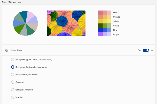 Windows 11 impostazioni del filtro dei colori
