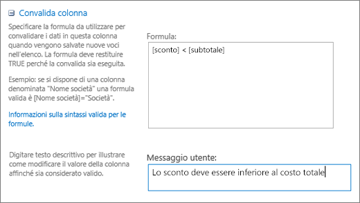 Finestra di dialogo Convalida colonna con i campi compilati con dati di esempio