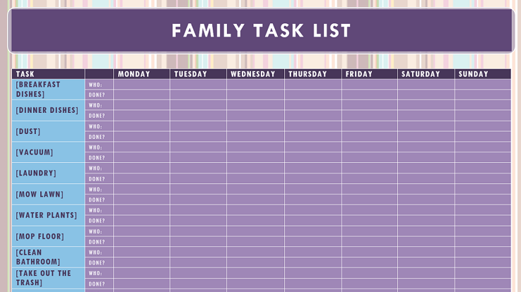 Immagine di un modello di elenco attività della famiglia