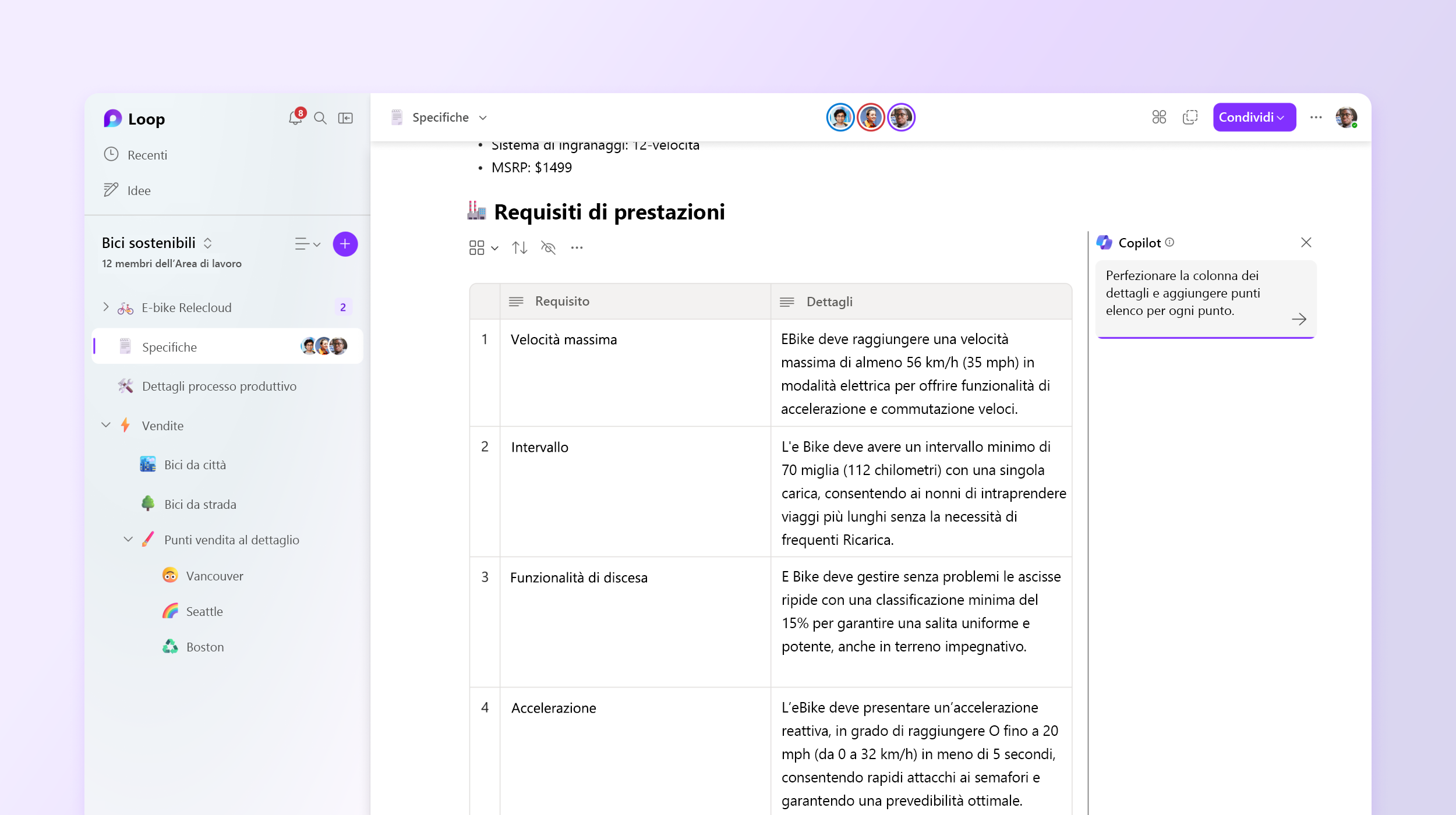Screenshot che mostra Copilot in Loop che modifica i dettagli.