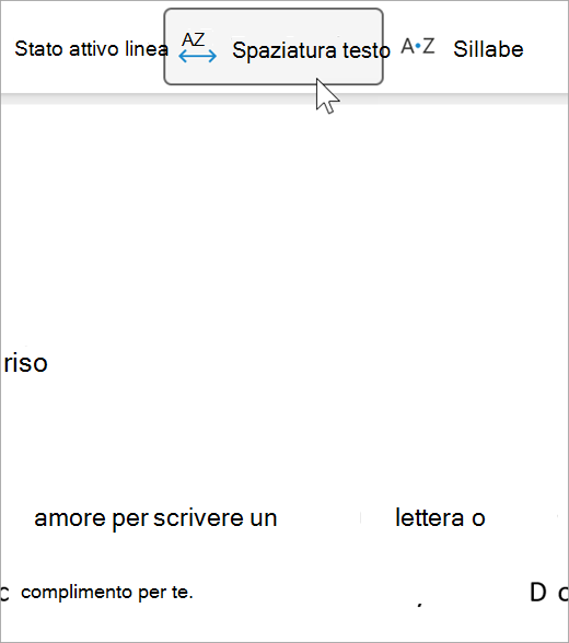 Screenshot dell'opzione di spaziatura del testo dello strumento di lettura immersiva, c'è una maggiore distanza tra le lettere e tra le parole