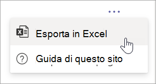 Seleziona Esporta in Excel dal menu a discesa Altre opzioni nel report