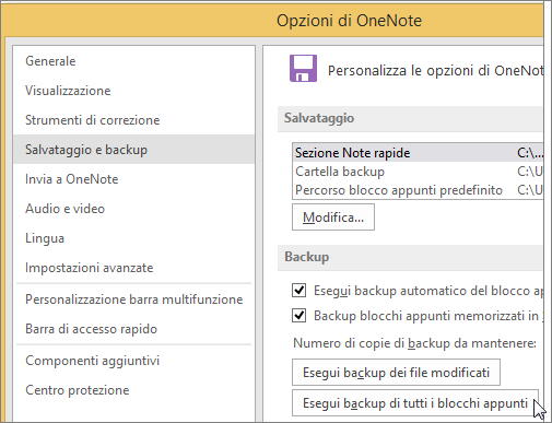 Screenshot della finestra di dialogo Opzioni di OneNote in OneNote 2016.