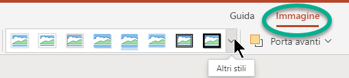 La scheda Immagine sulla barra multifunzione è disponibile quando si seleziona un'immagine nella diapositiva.