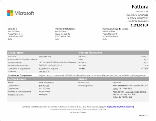 Informazioni sulla fattura di Office 365 per le aziende 